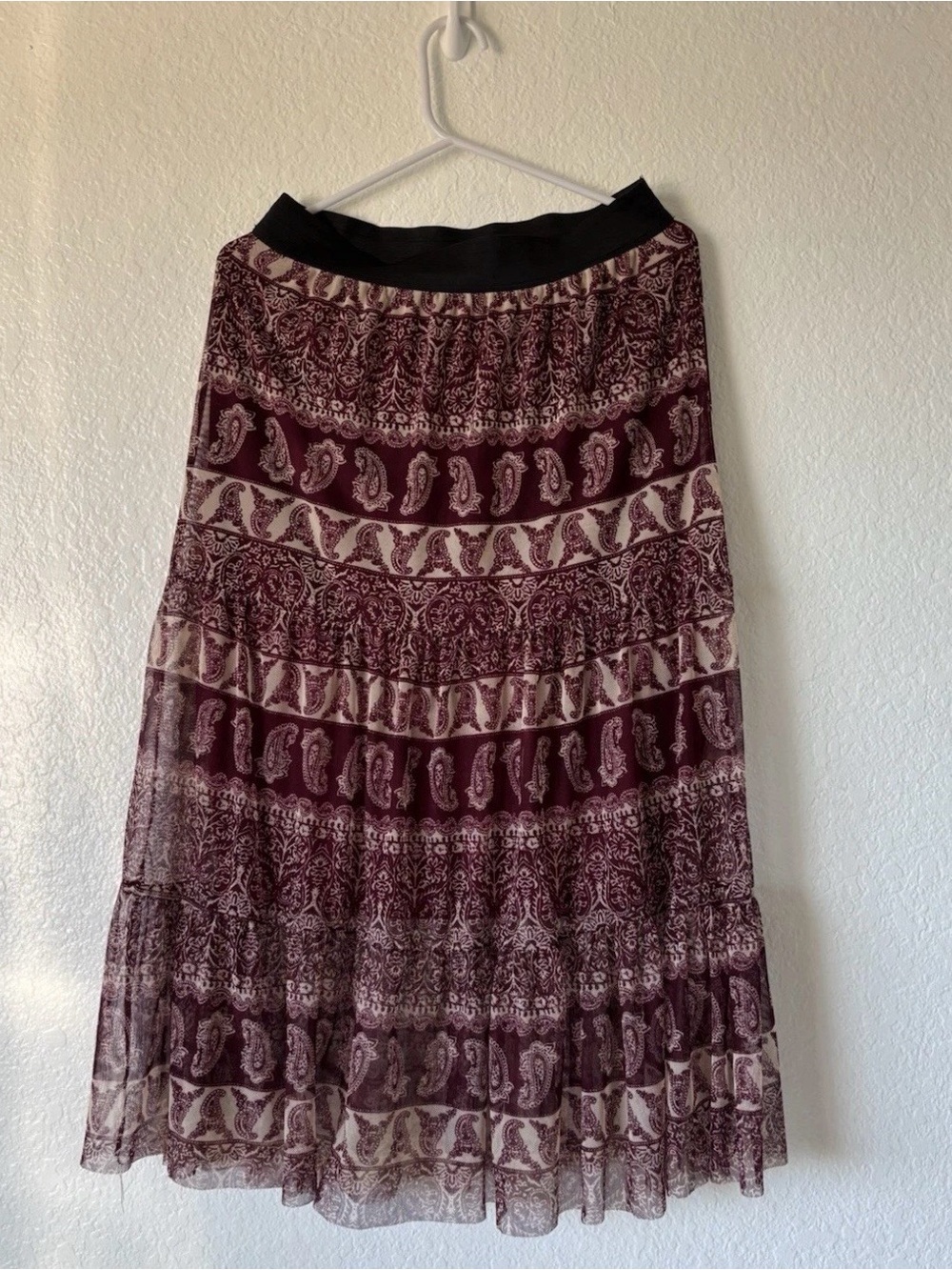 Modern Attraction Paisley Tiered Midi
Skirt Burgundy Black Mesh Ruffle Size M